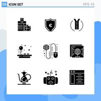 moderno 9 iconos de estilo sólido símbolos de glifo para uso general signo de icono sólido creativo aislado sobre fondo blanco paquete de 9 iconos vector