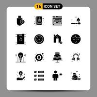 Pictogram Set of 16 Simple Solid Glyphs of watch gasoline interface barrel fire Editable Vector Design Elements