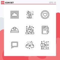 Set of 9 Modern UI Icons Symbols Signs for illumination labour helmet interface hard cap cap Editable Vector Design Elements