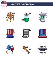 Big Pack of 9 USA Happy Independence Day USA Vector Flat Filled Lines and Editable Symbols of american file bottle usa hat Editable USA Day Vector Design Elements