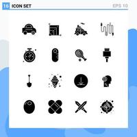 Group of 16 Modern Solid Glyphs Set for shopping compass car communication cable Editable Vector Design Elements