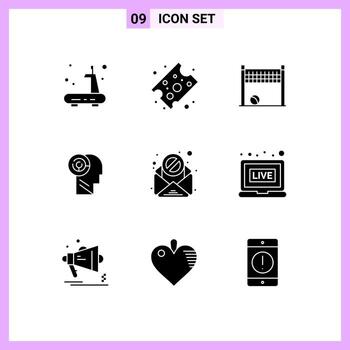 9 Solid Glyph concept for Websites Mobile and Apps virus email goalpost target games Editable Vector Design Elements