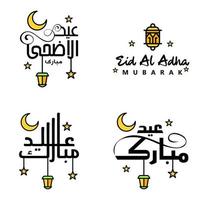 conjunto de 4 vectores eid mubarak feliz eid para ti en estilo de caligrafía árabe escritura rizada con estrellas lámpara luna