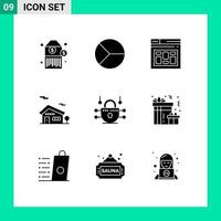 User Interface Pack of 9 Basic Solid Glyphs of network security internet browser house building Editable Vector Design Elements