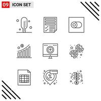 conjunto perfecto de píxeles de iconos de 9 líneas conjunto de iconos de esquema para el diseño de sitios web y la interfaz de aplicaciones móviles vector