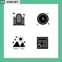 4 Universal Solid Glyphs Set for Web and Mobile Applications building wall clock work time mountain Editable Vector Design Elements