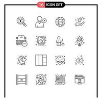 Pack of 16 Modern Outlines Signs and Symbols for Web Print Media such as less car globe hand ecology Editable Vector Design Elements