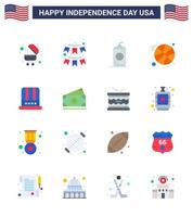 Flat Pack of 16 USA Independence Day Symbols of american hat bottle sports basketball Editable USA Day Vector Design Elements