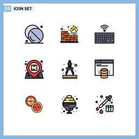 Set of 9 Vector Filledline Flat Colors on Grid for compass inbox hardware essential location Editable Vector Design Elements