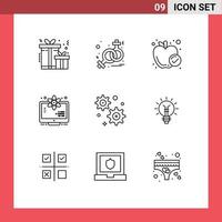 9 Thematic Vector Outlines and Editable Symbols of bulb business meal gear setting science Editable Vector Design Elements