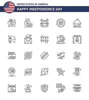 feliz día de la independencia paquete de iconos de 25 líneas para web e impresión de pastel día de la independencia paisaje urbano de la independencia americana elementos de diseño vectorial del día de estados unidos editables vector