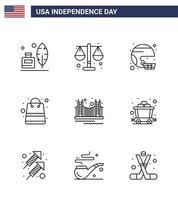 paquete de 9 líneas de celebración del día de la independencia de EE. UU. Signos y símbolos del 4 de julio, como dinero de la tienda, bolsa americana, estado editable, elementos de diseño vectorial del día de EE. UU. vector