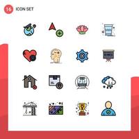 Mobile Interface Flat Color Filled Line Set of 16 Pictograms of heart off china shutdown india Editable Creative Vector Design Elements