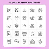 contorno 25 compras minoristas y elementos de videojuegos conjunto de iconos diseño de estilo de línea vectorial conjunto de iconos negros paquete de pictogramas lineales ideas de negocios web y móviles diseño ilustración vectorial vector