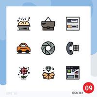 9 iconos creativos, signos y símbolos modernos de aplicaciones, cuentas de lentes, cámara, vehículo, elementos de diseño vectorial editables vector