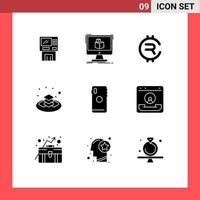 Group of 9 Modern Solid Glyphs Set for plate crypto currency cube crypto rubycoin Editable Vector Design Elements