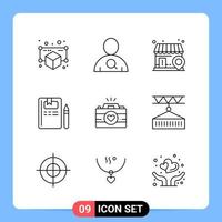 9 Line Black Icon Pack Outline Symbols for Mobile Apps isolated on white background 9 Icons Set vector