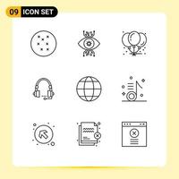 Set of 9 Modern UI Icons Symbols Signs for communication help celebration headset communication Editable Vector Design Elements