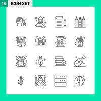 paquete de 16 iconos de estilo de línea establece símbolos de esquema para imprimir signos creativos aislados en fondo blanco vector