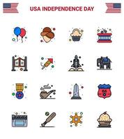Modern Set of 16 Flat Filled Lines and symbols on USA Independence Day such as western household party door instrument Editable USA Day Vector Design Elements