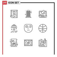 Set of 9 Vector Outlines on Grid for face love laptop secure insurance Editable Vector Design Elements