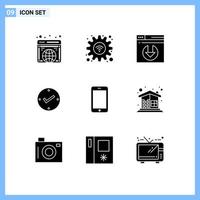 Pictogram Set of 9 Simple Solid Glyphs of phone cell web check tick Editable Vector Design Elements