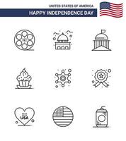 feliz día de la independencia 4 de julio conjunto de 9 líneas pictografía americana de postre dulce pastel blanco irlanda elementos de diseño de vector de día de estados unidos editables