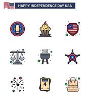 4th July USA Happy Independence Day Icon Symbols Group of 9 Modern Flat Filled Lines of bbq scale thanksgiving law court Editable USA Day Vector Design Elements