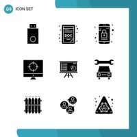 Vector Pack of 9 Glyph Symbols Solid Style Icon Set on White Background for Web and Mobile