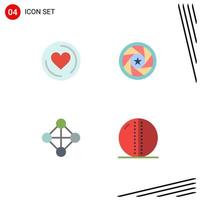 Group of 4 Modern Flat Icons Set for heart network aperture movie cricket ball Editable Vector Design Elements