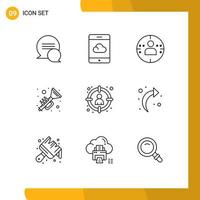 Set of 9 Modern UI Icons Symbols Signs for target hunting marketing head music Editable Vector Design Elements