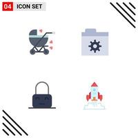 Set of 4 Vector Flat Icons on Grid for baby carriage on pram folder rocket Editable Vector Design Elements