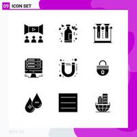 Pack of 9 creative Solid Glyphs of web server wine monitor testing Editable Vector Design Elements