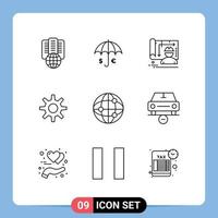 Modern Set of 9 Outlines Pictograph of globe wheel save setting engineer Editable Vector Design Elements