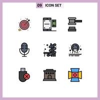 Pack of 9 creative Filledline Flat Colors of record microphone valentine electronics tools Editable Vector Design Elements