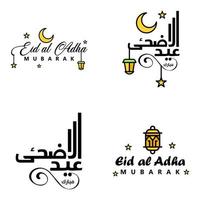 paquete moderno de 4 eidkum mubarak árabe tradicional tipografía kufic cuadrada moderna texto de saludo decorado con estrellas y luna vector