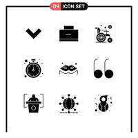 Group of 9 Solid Glyphs Signs and Symbols for open mask wheel costume timer Editable Vector Design Elements