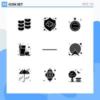 Universal Icon Symbols Group of 9 Modern Solid Glyphs of arrow minus event glass apple juice Editable Vector Design Elements