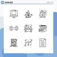 Pictogram Set of 9 Simple Outlines of weight sport shuttle gym mocha Editable Vector Design Elements