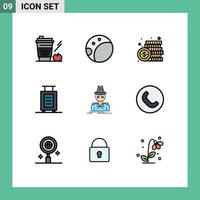 Set of 9 Vector Filledline Flat Colors on Grid for incognito detective currency suitcase bag Editable Vector Design Elements