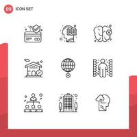 9 User Interface Outline Pack of modern Signs and Symbols of internet global brain earth house Editable Vector Design Elements