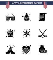Happy Independence Day USA Pack of 9 Creative Solid Glyphs of police badge file fries fast Editable USA Day Vector Design Elements