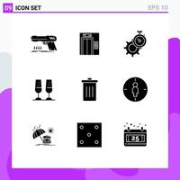 Universal Icon Symbols Group of 9 Modern Solid Glyphs of basket cheers timer champagne glasses watch Editable Vector Design Elements