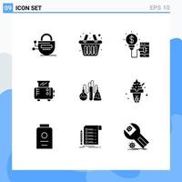 Group of 9 Modern Solid Glyphs Set for science dope idea chemical toast machine Editable Vector Design Elements