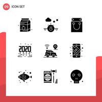 Pack of 9 creative Solid Glyphs of map car bag party time celebration Editable Vector Design Elements