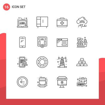 User Interface Pack of 16 Basic Outlines of smart phone data bag connect cloud Editable Vector Design Elements