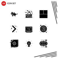 Set of 9 Vector Solid Glyphs on Grid for laptop computer education right arrow Editable Vector Design Elements