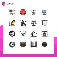 Flat Color Filled Line Pack of 16 Universal Symbols of pencil globe power office toddler Editable Creative Vector Design Elements