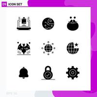 Group of 9 Solid Glyphs Signs and Symbols for connection halloween moustache bats beared Editable Vector Design Elements