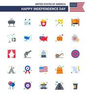 Set of 25 Vector Flats on 4th July USA Independence Day such as doors outdoor fast match camping Editable USA Day Vector Design Elements